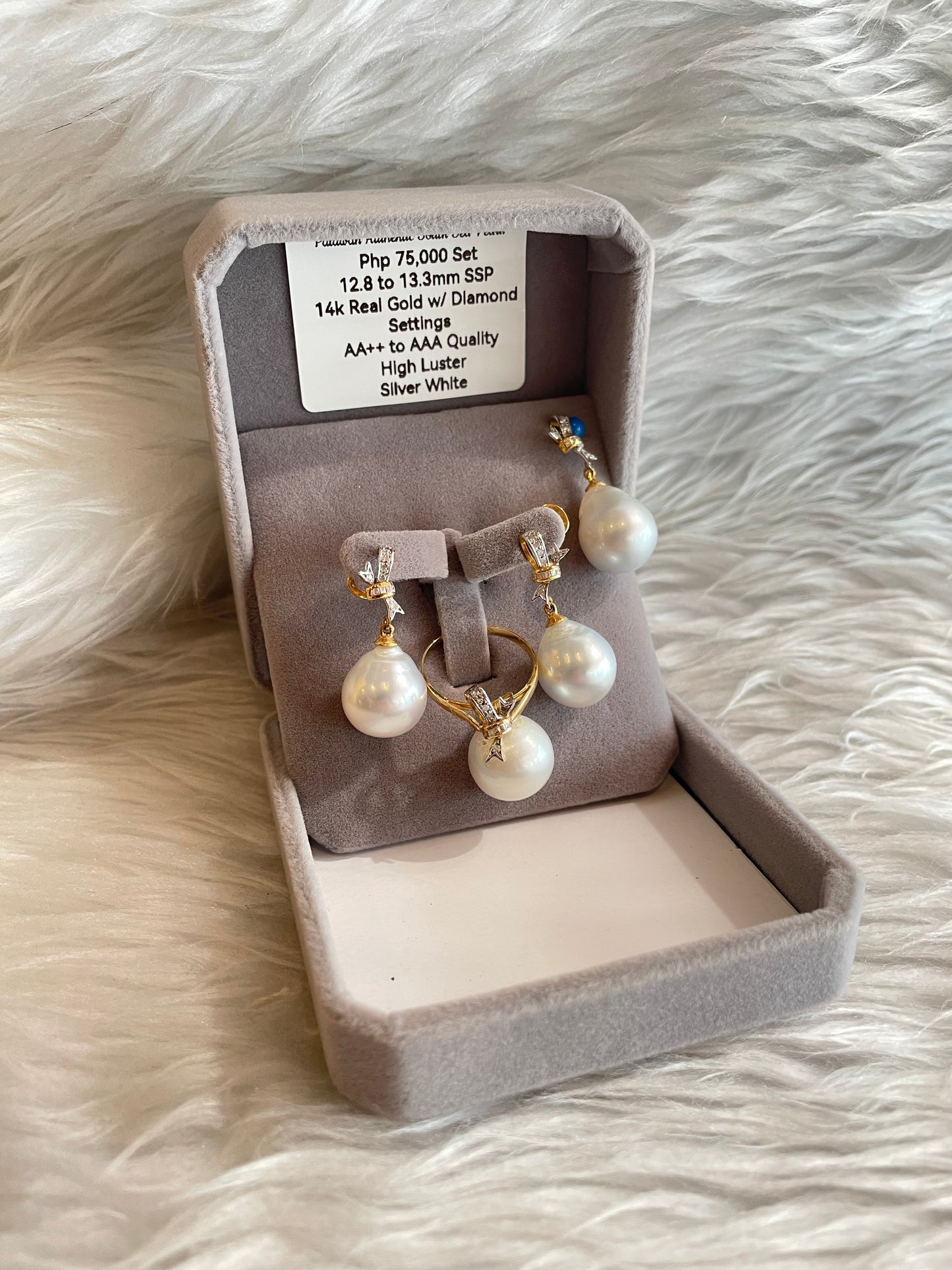 12.8mm to 13.3mm Authentic Silver White South Sea Pearl in 14k Real Gold and Diamonds