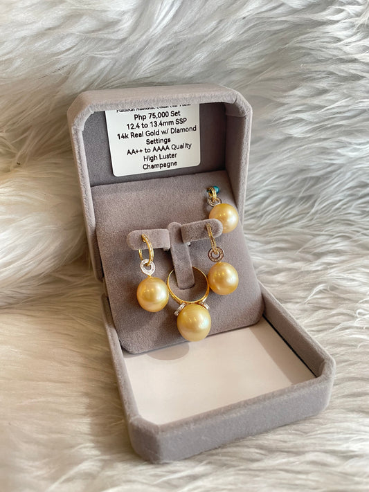 12.4mm to 13.4mm Authentic Champagne Color South Sea Pearl in 14k Real Gold and Diamonds