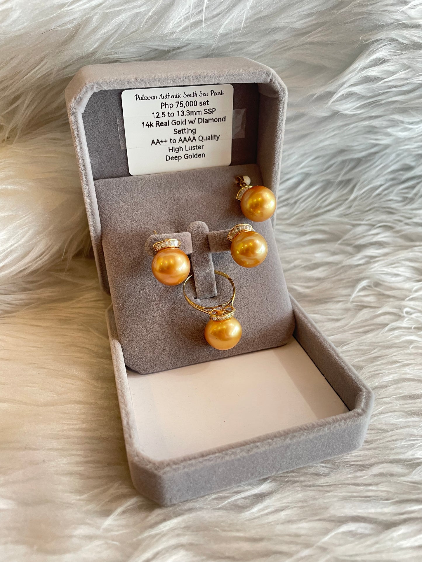 12.5mm to 13.3mm Authentic Deep Golden South Sea Pearl in 14k Real Gold with Diamonds