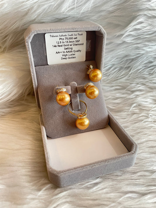 12.5mm to 13.3mm Authentic Deep Golden South Sea Pearl in 14k Real Gold with Diamonds