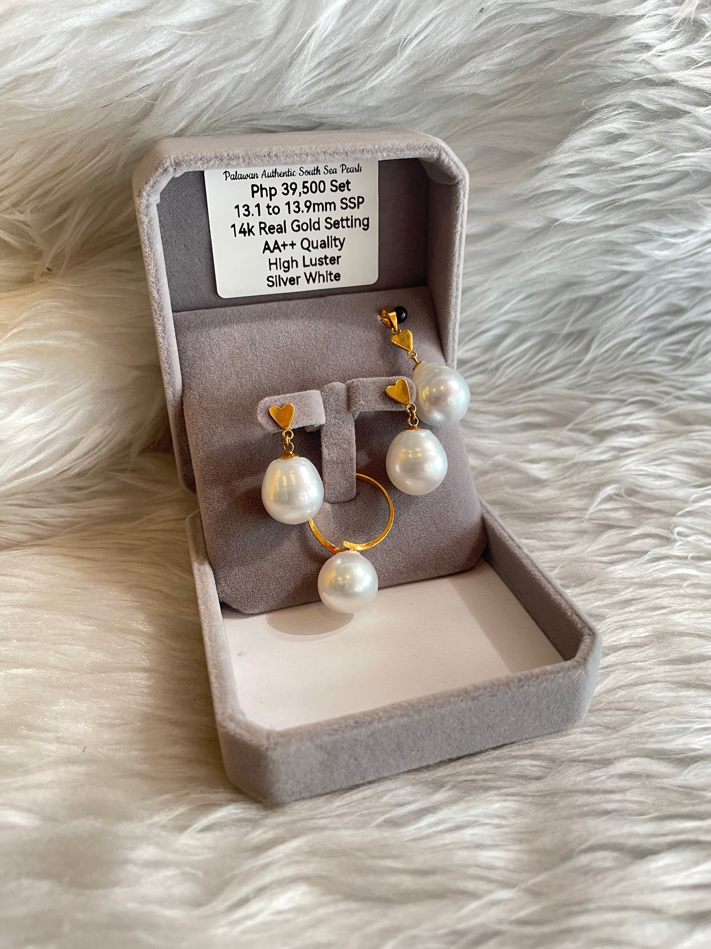 13.1mm to 13.9mm Authentic Silver White South Sea Pearl Sets in 14k Real Gold Settings