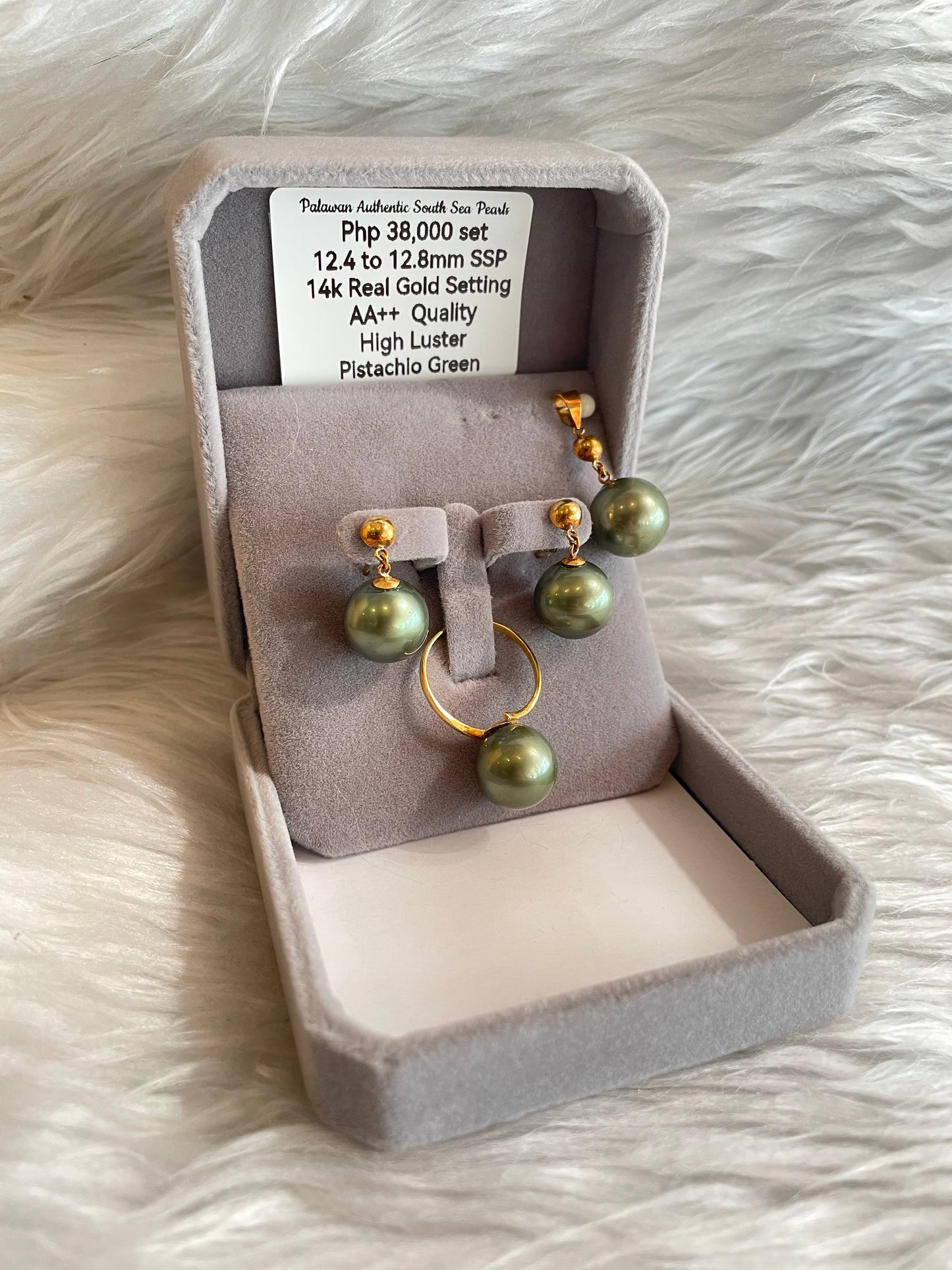 12.4mm to 12.8mm Authentic Pistachio Green Color South Sea Pearls Set in 14K Gold Settings