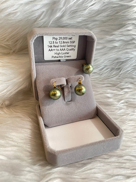 12.5mm to 12.8mm Authentic Pistachio Green Color South Sea Pearl Sets in 14k Real Gold Settings
