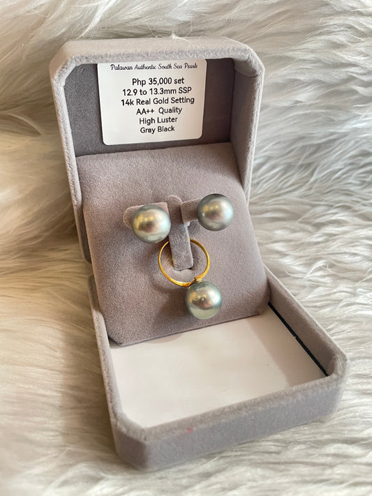 12.9mm to 13.3mm Authentic Gray Bluish Color South Sea Pearl Sets in 14k Real Gold Settings