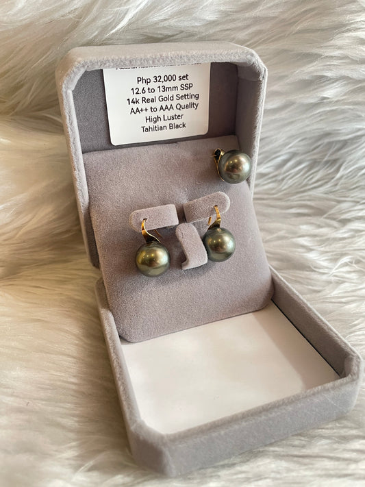 12.6mm to 13mm Authentic Tahitian Black South Sea Pearls Set in 14K Gold Settings
