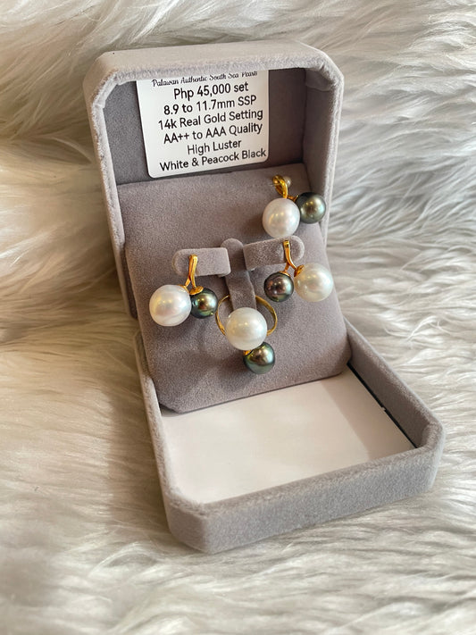 8.9mm to 11.7mm Authentic White & Peacock Black South Sea Pearls Set in 14K Gold Settings