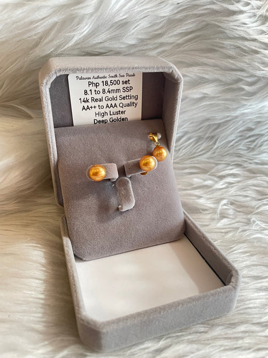 8.1mm to 8.4mm Authentic Deep Golden South Sea Pearl Sets in 14k Real Gold Settings