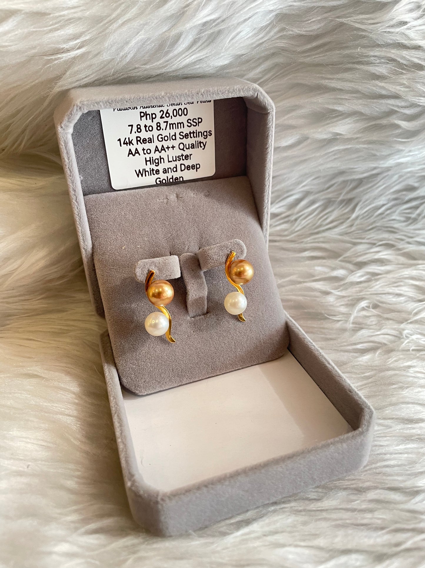 7.8mm to 8.7mm Authentic White and Deep Golden South Sea Pearl Earrings in 14k Real Gold Settings