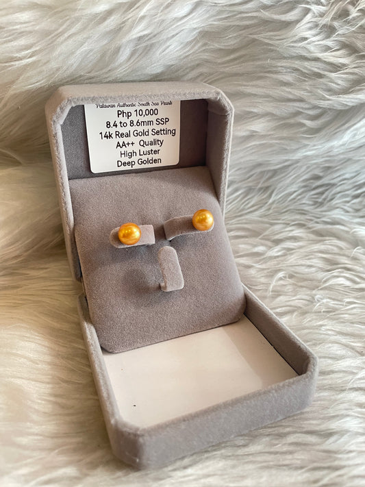 8.4mm to 8.6mm Authentic Deep Golden Color South Sea Pearl Earrings in 14k Real Gold Settings