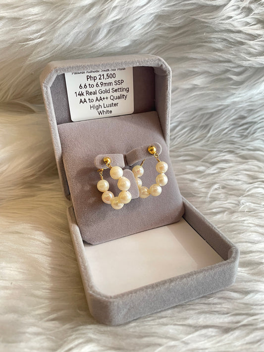 6.6mm to 6.9mm Authentic White South Sea Pearl Earrings in 14k Real Gold Settings