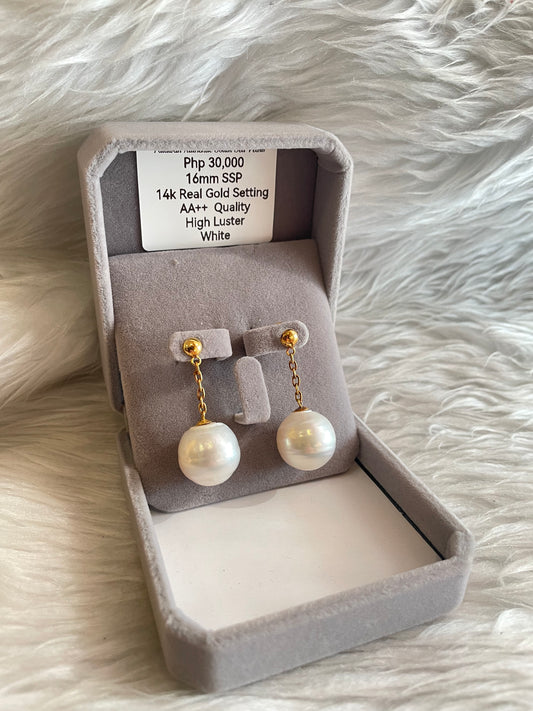 16mm Authentic White South Sea Pearl Earrings in 14k Real Gold Settings