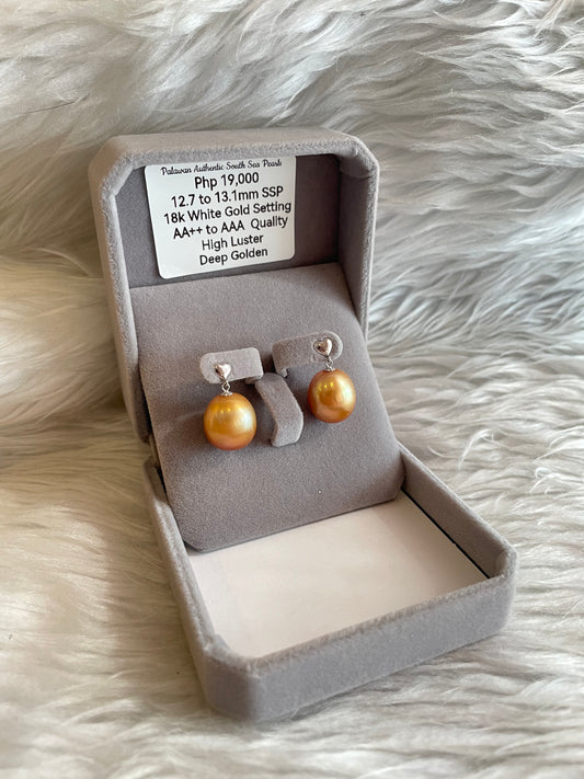 12.7mm to 13.1mm Authentic Deep Golden South Sea Pearl Earrings in 18k Real Golde Settings