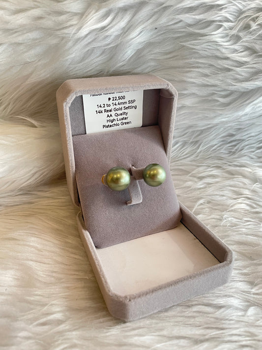 14.2mm to 14.4mm Authentic Pistachio Green Color South Sea Pearl Earrings