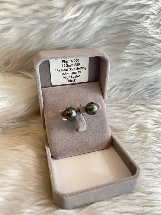 12.3mm Authentic Black Color South Sea Pearl Earrings in 14k Real Gold Settings