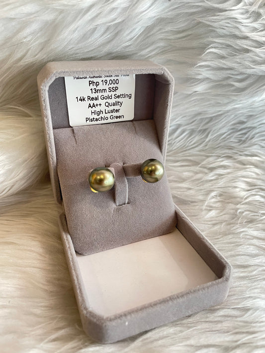 13mm Authentic Pistachio Green Color South Sea Pearl Earrings in 14k Real Gold Settings
