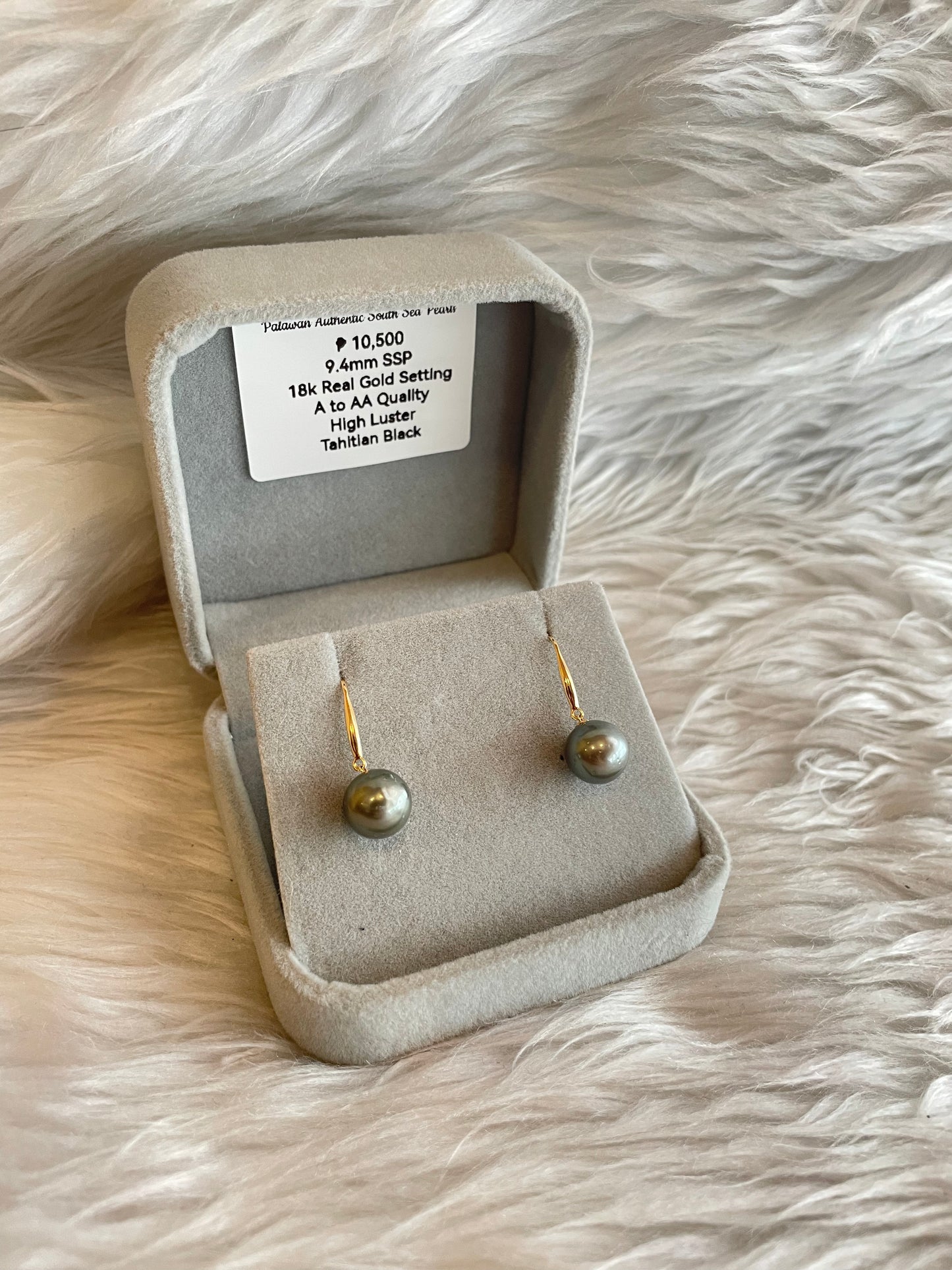 9.4mm Authentic Tahitian Black Color South Sea Pearl Earrings in 18k Real Gold Settings