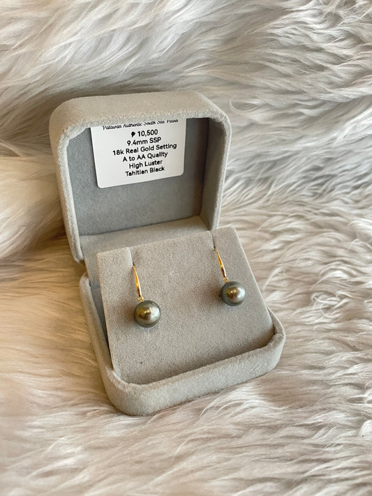 9.4mm Authentic Tahitian Black Color South Sea Pearl Earrings in 18k Real Gold Settings