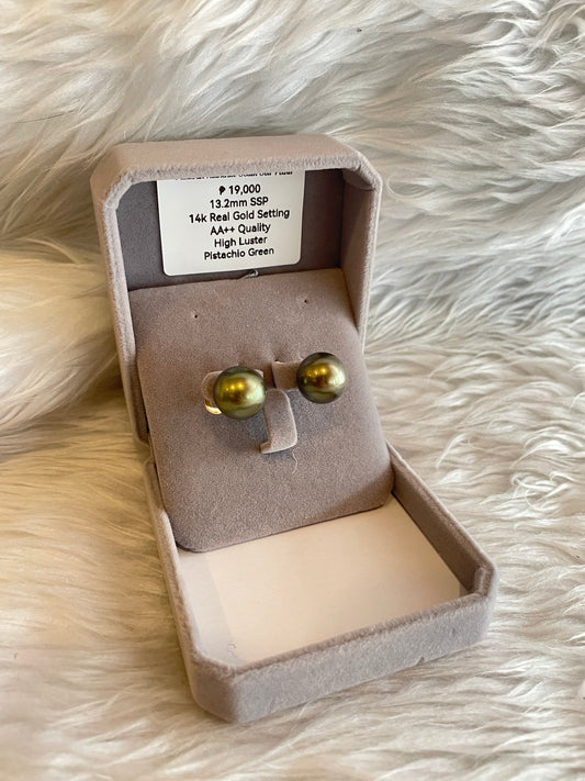 13.2mm Authentic Pistachio Green Color South Sea Pearl Earrings in 14k Real Gold Settings