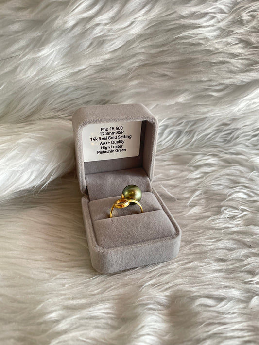 12.3mm Authentic Pistachio Green South Sea Pearls Ring in 14K Gold Settings