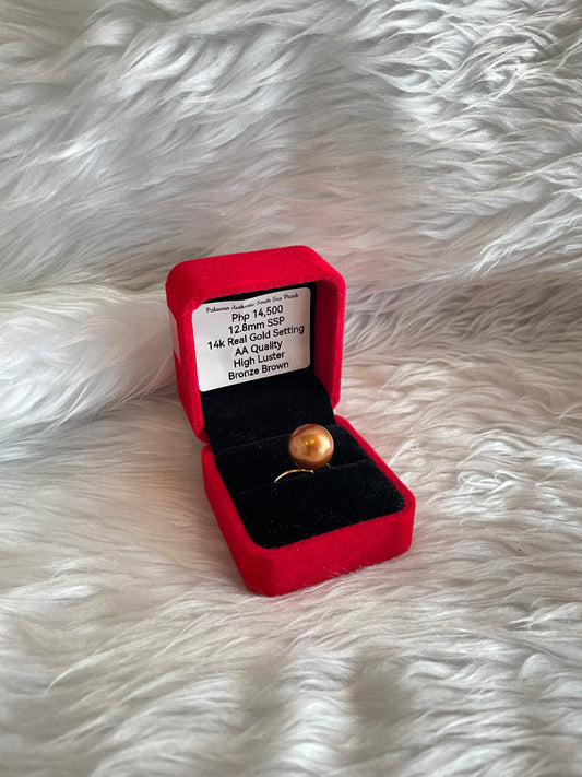 12.8mm Authentic Bronze Brown Color South Sea Pearls Ring in 14K Gold Settings