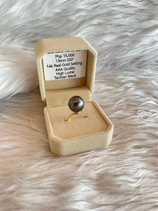 13mm Authentic Tahitian Black South Sea Pearls Ring in 14K Gold Settings