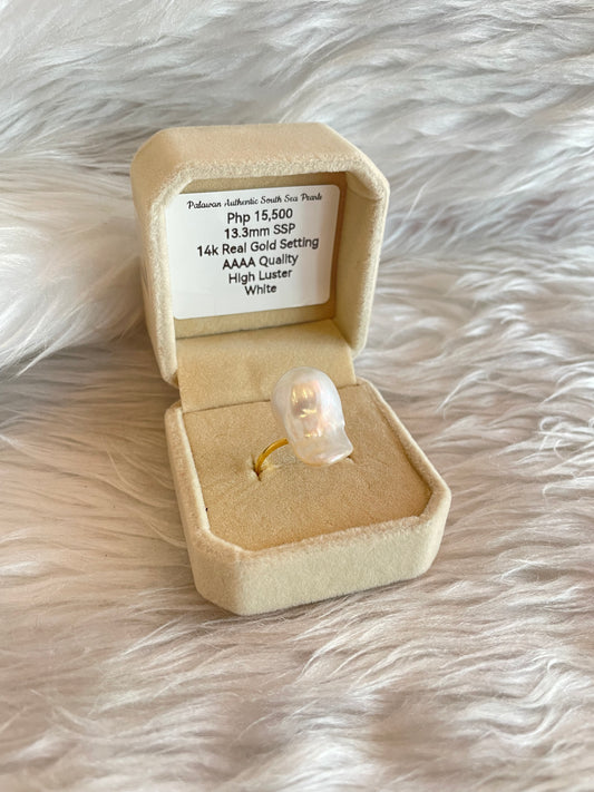 13.3mm Authentic White South Sea Pearls Ring in 14K Gold Settings