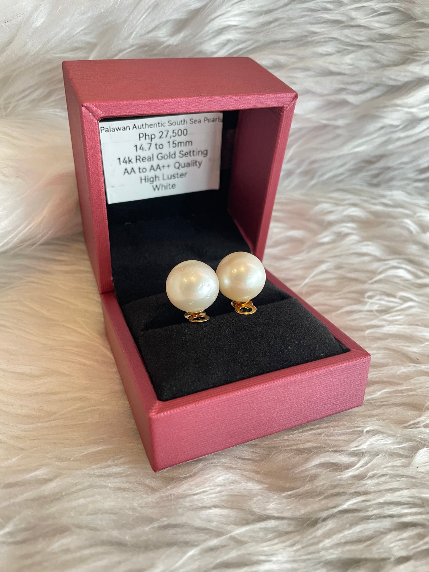 14.7mm to 15mm Authentic White South Sea Pearl Earrings in 14k Real Gold Settings