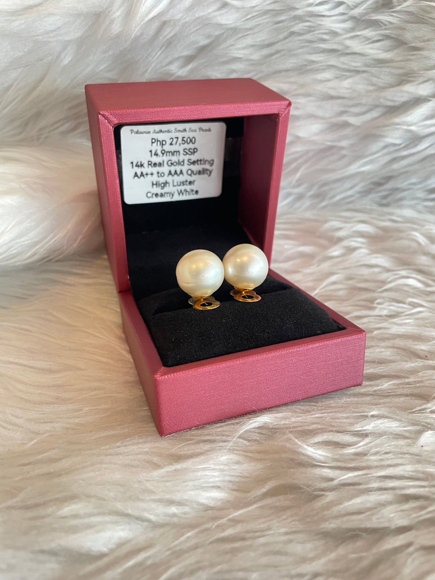 14.9mm Authentic White South Sea Pearl Earrings in 14k Real Gold Settings