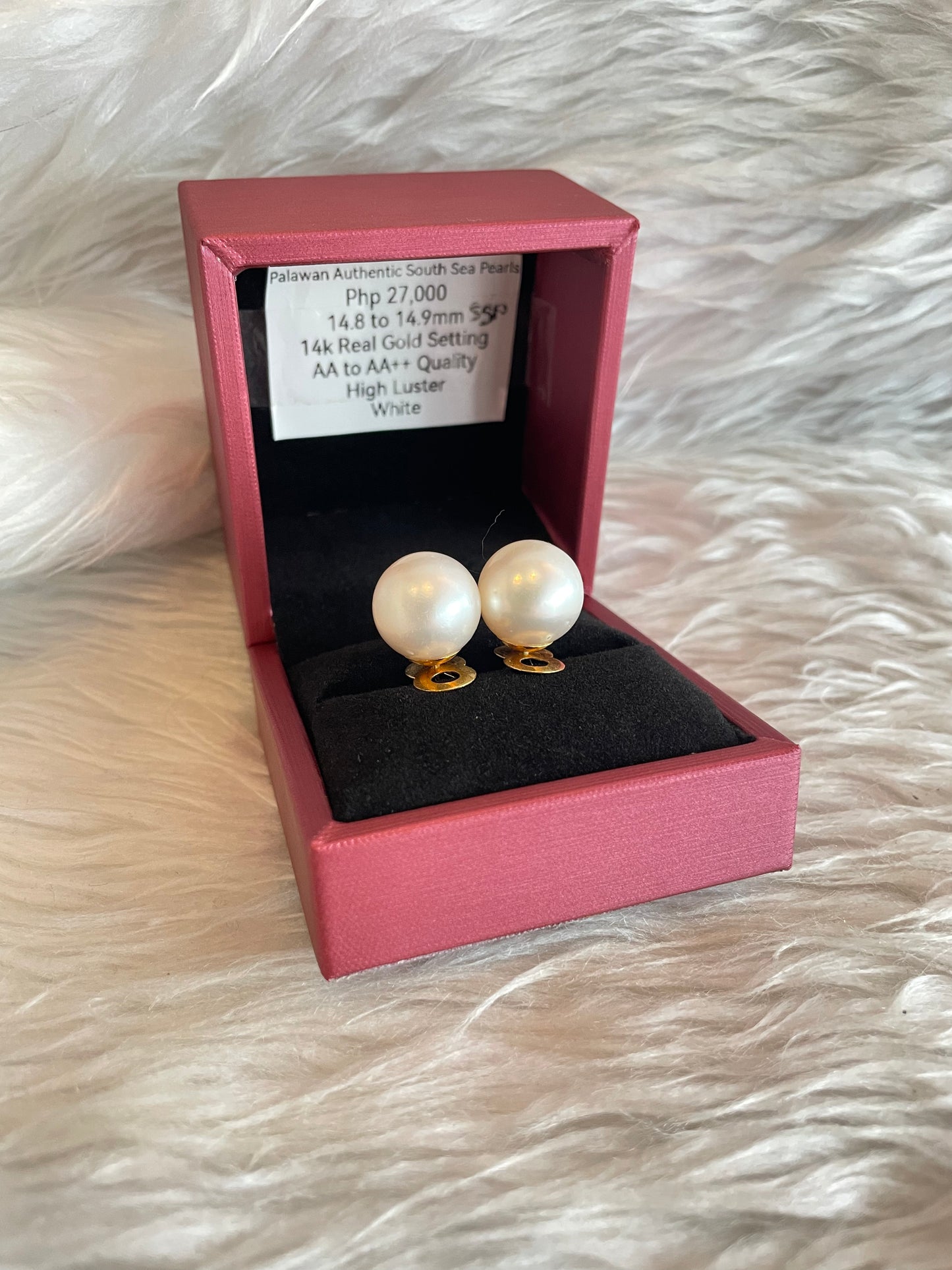 14.8mm to 14.9mm Authentic White South Sea Pearl Earrings in 14k Real Gold Settings