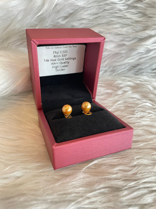 8mm Authentic Golden Color South Sea Pearl earrings in 14k Real Gold Settings