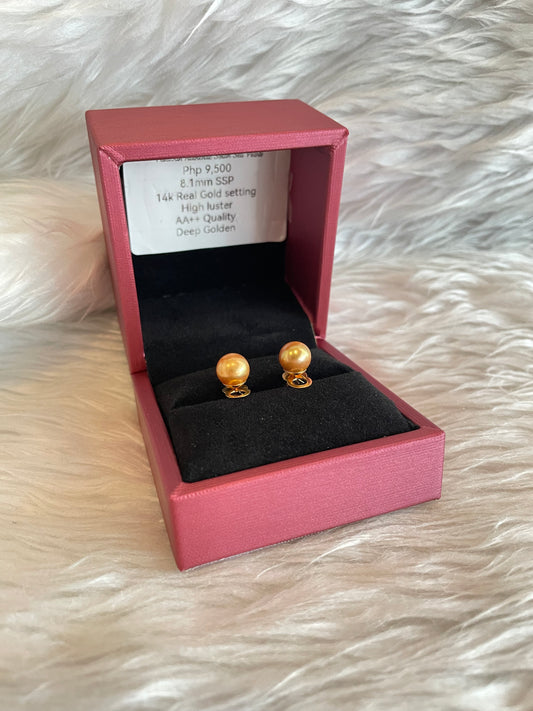 8.1mm Authentic Deep Golden South Sea Pearl Earrings in 14k Real Gold Settings