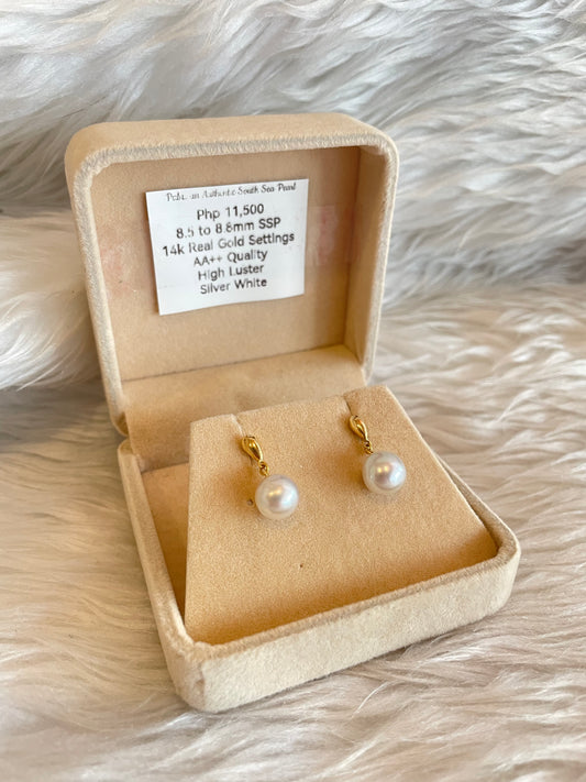 8.5mm to 8.8mm Authentic Silver White South Sea Pearl Earrings in 14k Real Gold Settings