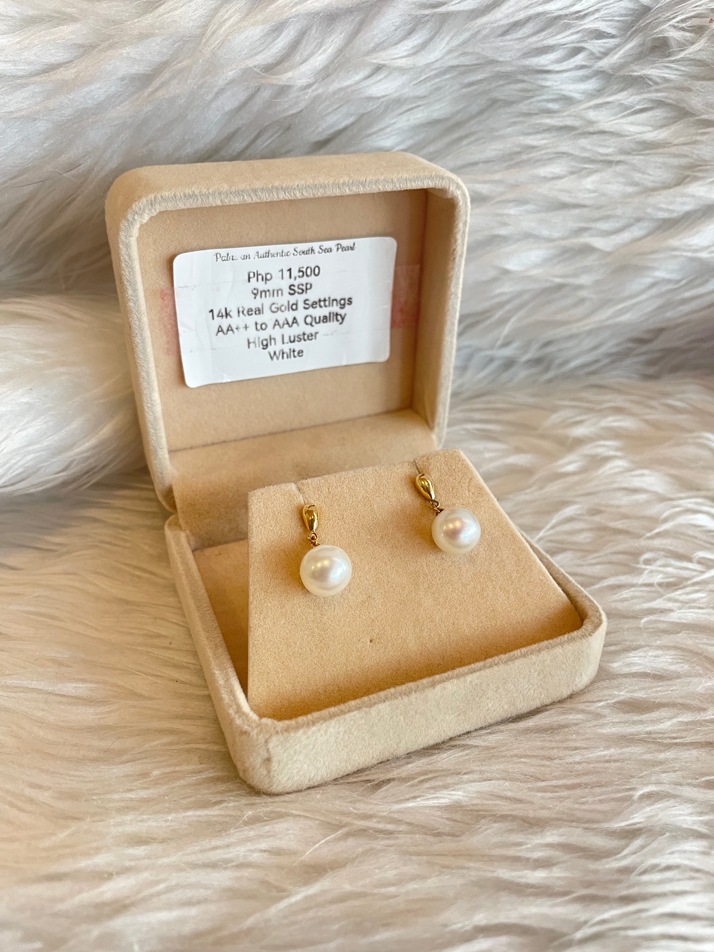 9mm Authentic White South Sea Pearl Earrings in14k Real Gold Settings