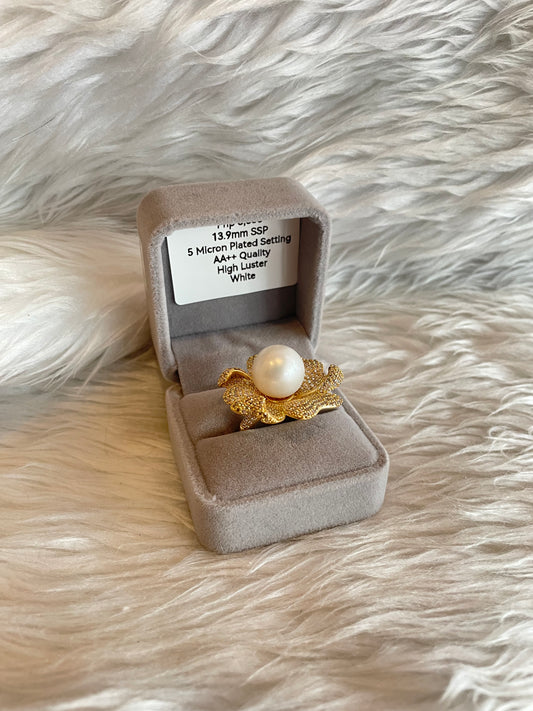 13.9mm Authentic White South Sea Pearl Ring in 5 Micron Plated Settings