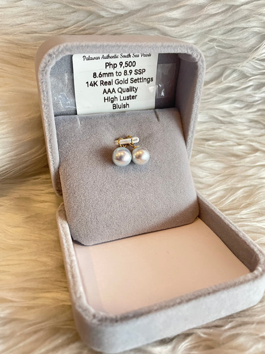 8.6mm to 8.9mm Authentic Bluish Color South Sea Pearl Earrings in 14k Real Gold Settings