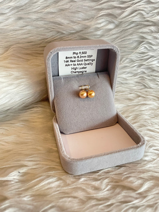 8mm to 8.2mm Authentic Champagne Color South Sea Pearl Earrings in 14k Real Gold Settings