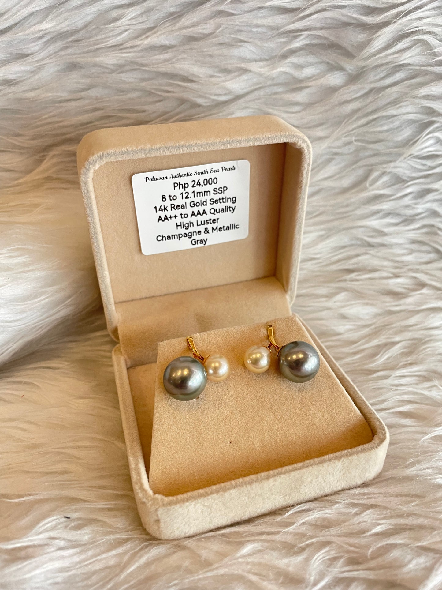 8mm to 12.1mm Authentic Champagne and Metallic Gray Color South Sea Pearl Earrings in 14k Real Gold Settings