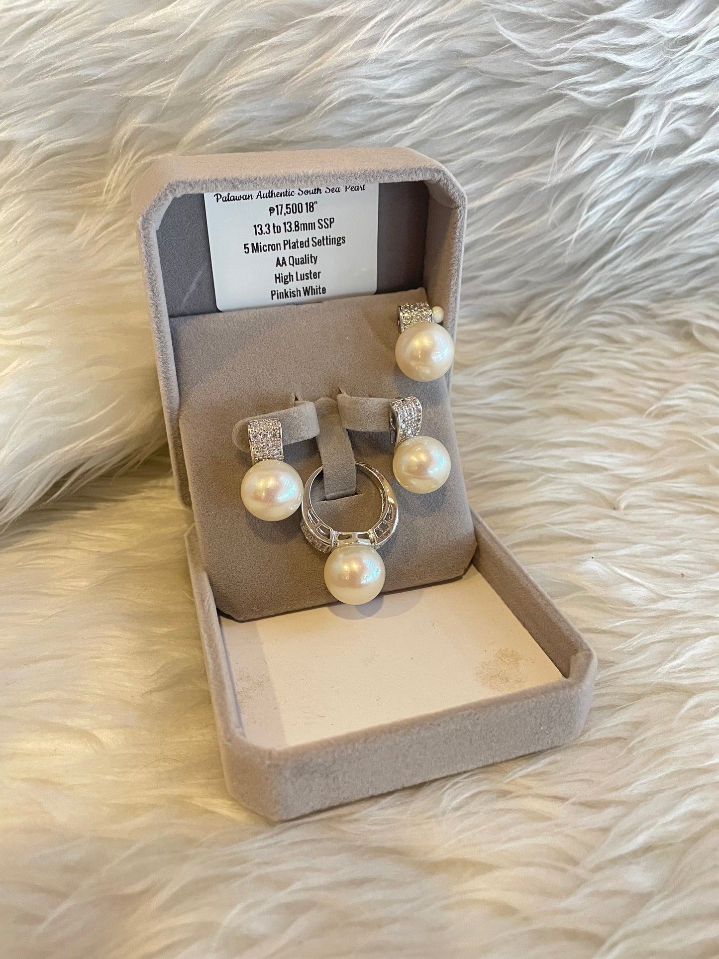 13mm to 13.6mm Authentic Pinkish White Color South Sea Pearls Sets in 5 Micron Plated Settings