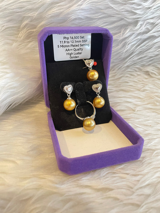 11.9mm to 12.1mm Authentic Golden Color South Sea Pearl Sets in 5 Micron Plated Settings