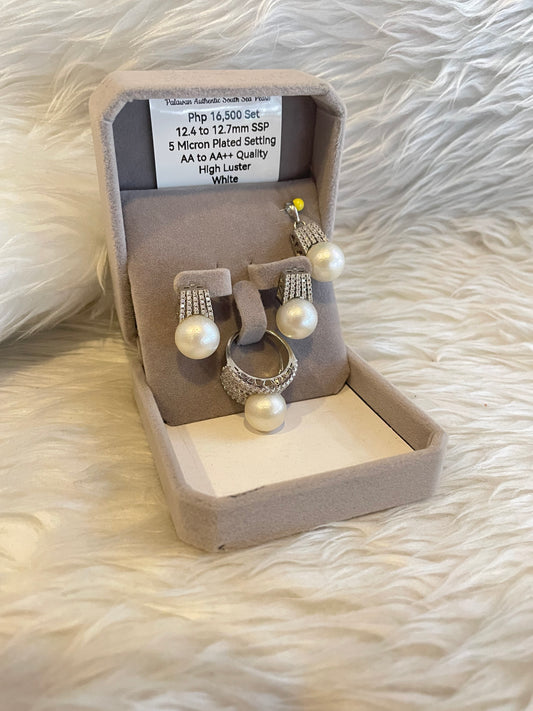 12.4mm to 12.7mm Authentic White South Sea Pearl Sets in 5 Micron Plated Settings