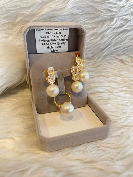 13.6mm to 14.4mm Authentic White South Sea Pearl Sets in 5 Micron Plated Settings