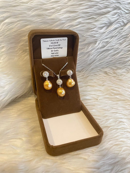 12mm to 13.2mm auathentic Golden Color South Sea Pearl Sets in 5 Micron Plated Settings