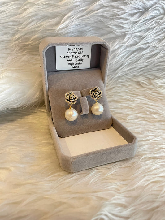 13.2mm Authentic White South Sea Pearl Earrings in 5 Micron Plated Settings