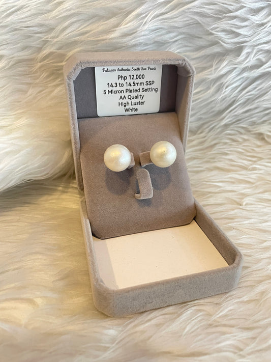 14.3mm to 14.5mm Authentic White South Sea Peal Earring in 5 Micron Plated Settings