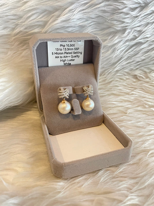 13mm to 13.3mm Authentic White South Sea Pearl Earrings in 5 Micron Plated Settings