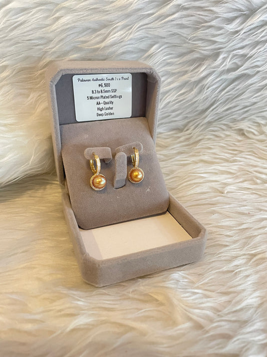 8.3mm to 8.5mm Authentic Deep Golden South Sea Pearl Earrings in 5 Micron Plated Settings