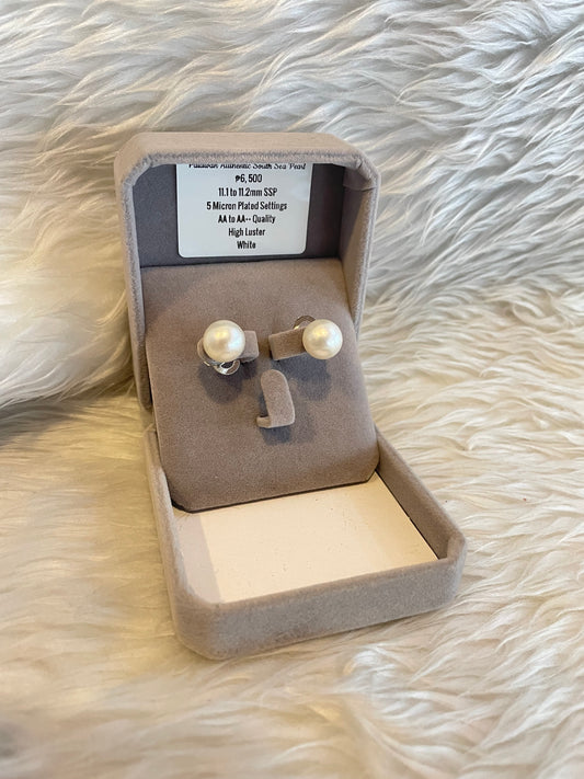 11.1mm to 11.2mm Authentic White South Sea Pearl Earrings in 5 Micron Plated Settings