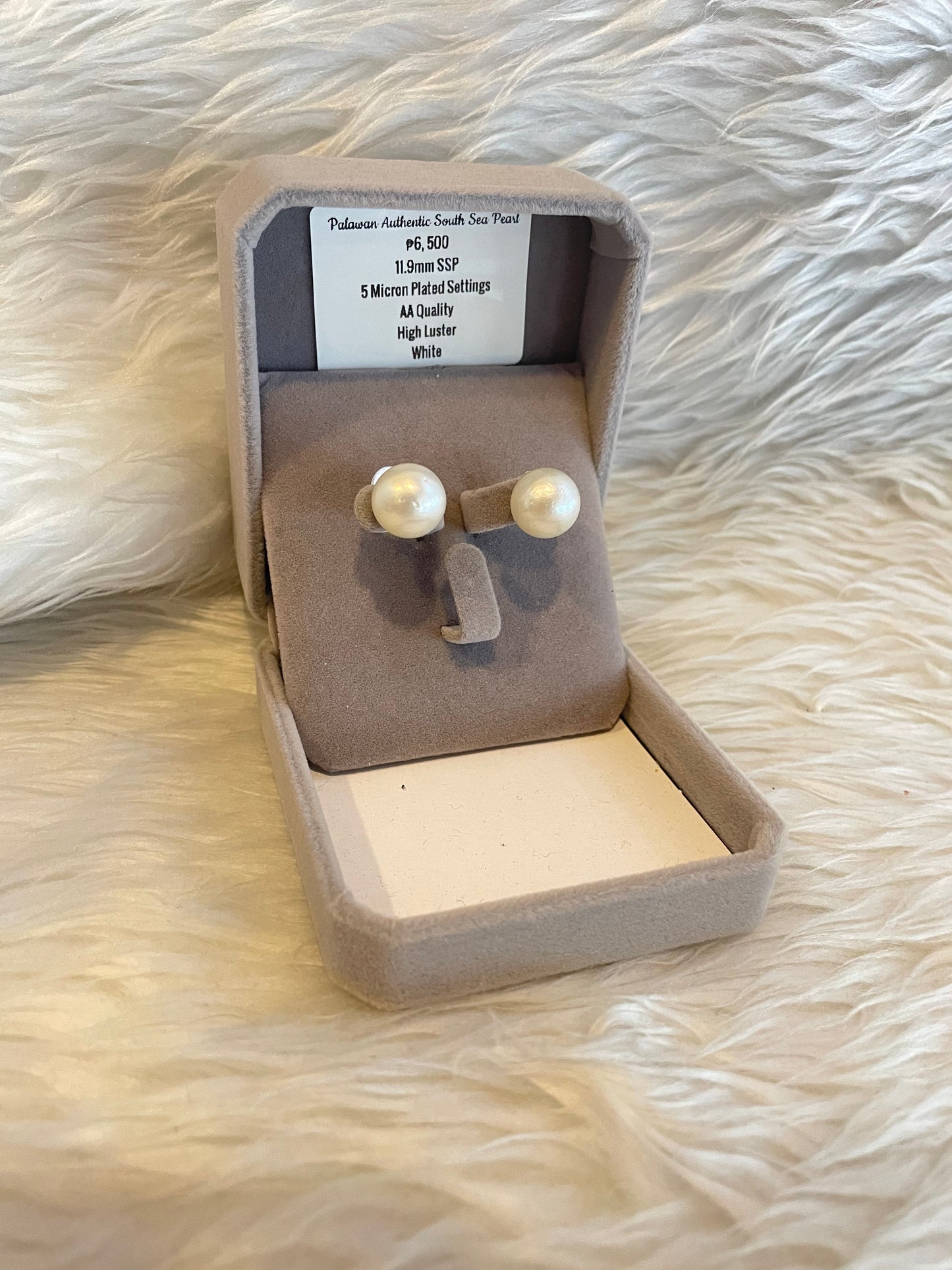 11.9mm Authentic White South Sea Pearl Earring in 5 Micron Plated Settings