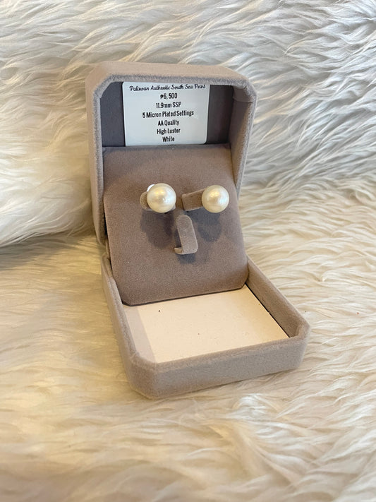 11.9mm Authentic White South Sea Pearl Earring in 5 Micron Plated Settings