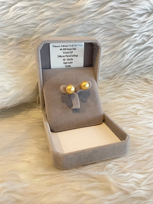 9.6mm Authentic Golden Color South Sea Pearl Earrings in 5 Micron Plated Settings